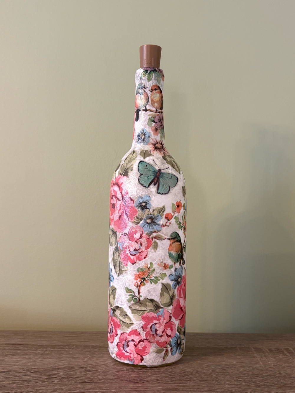 Decorated Bottles, Decoupage, Flowers and Birds, Home Decor, Gifts